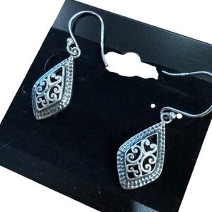 Sterling Silver 925 Filigree Teardrop Dangle Earrings Hammered Scroll Boho 1.5"